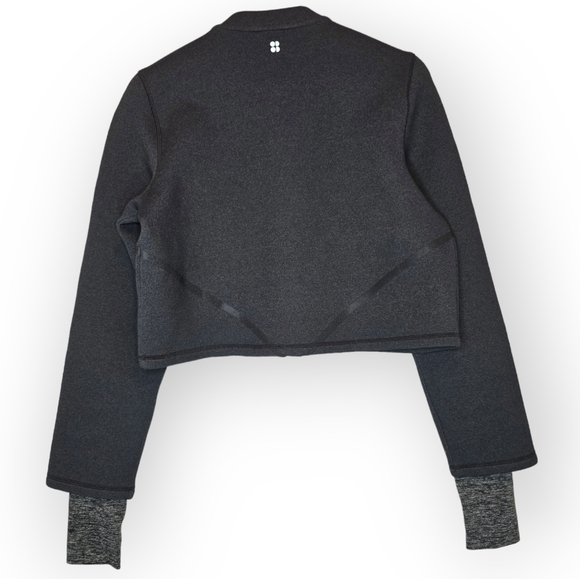 SWEATY BETTY Zip Up Crop Scuba Jacket Grey Women Medium Thumbhole Sleeves Pocket - Picture 8 of 11